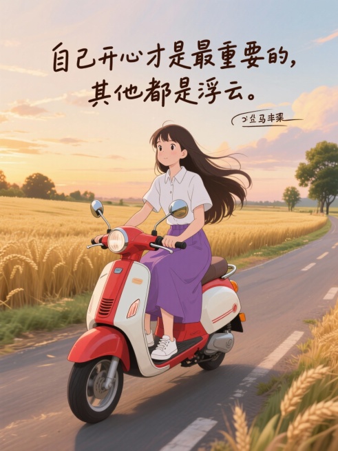 插画，长头发的年轻女生，漫画，宫崎骏风格，及腰长发，白色短袖衬衣，紫色长裙，小白鞋。骑在一辆复古风格的白色与红色相间的踏板摩托车上，乡村公路场景，公路旁是大片金黄色的麦田，远处有树木，天空呈现出黄昏时预览效果