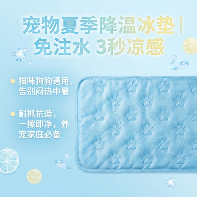宠物降温冰垫第二张主图，核心卖点展示，风格保持清新夏日温馨风格，整体与第一张主图统一。画面元素：浅蓝色清新背景，冰垫产品主体放在画面中心偏右侧，左侧垂直排列核心卖点，每个卖点搭配小圆点图标。配色色系：预览效果