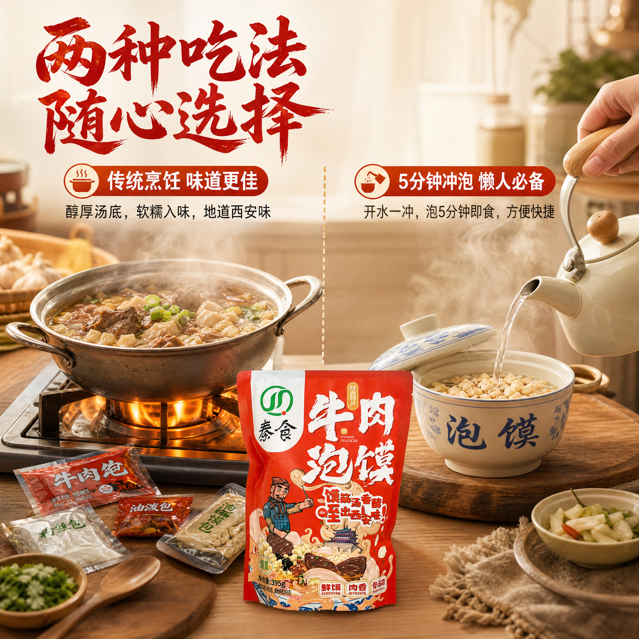 [主图-4] 秦食牛肉泡馍 双吃法展示 传统烹饪+懒人冲泡。… - 图片创意预览