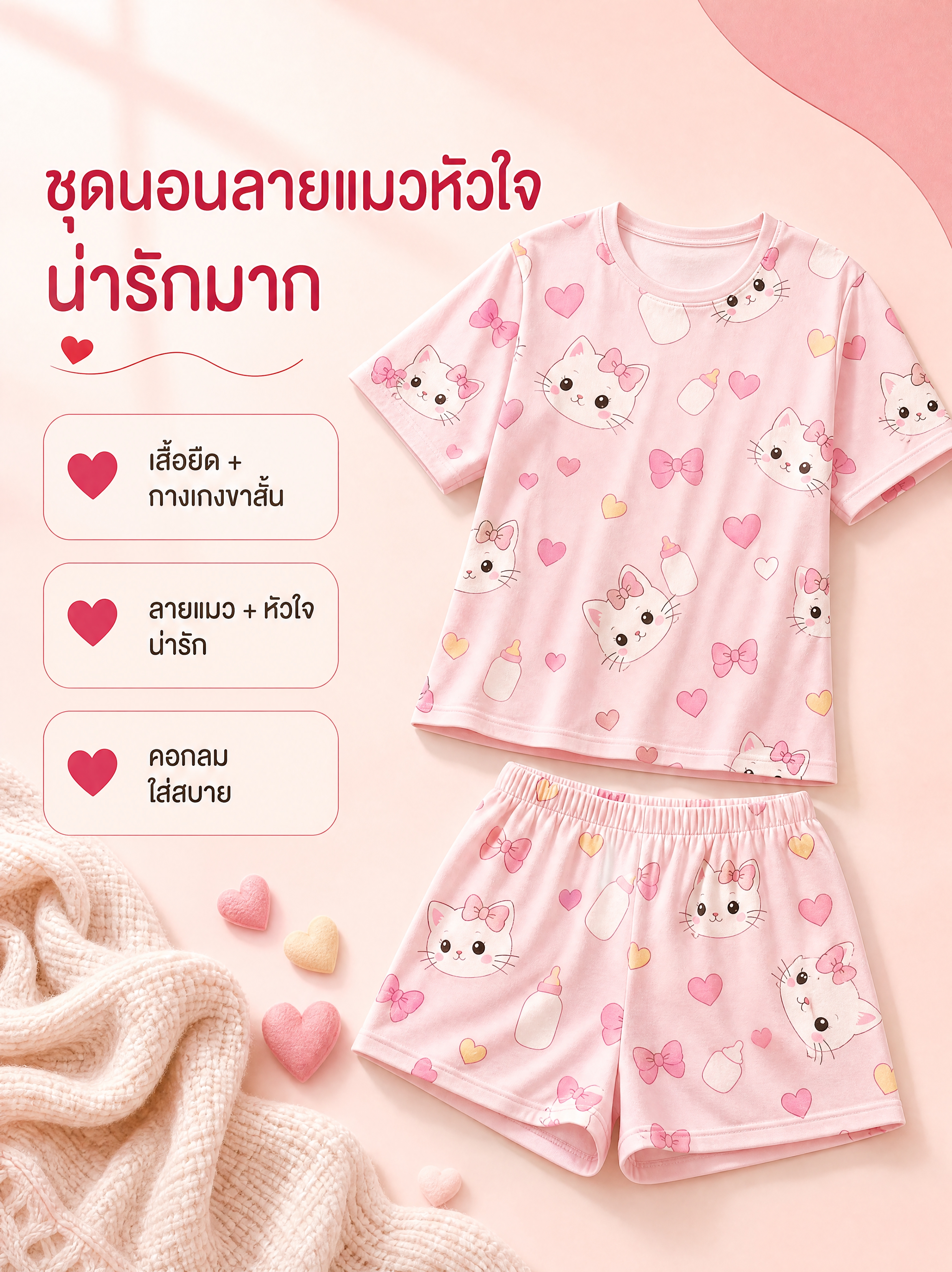 [商品] 原创设计浅粉色圆领短袖T恤+短裤睡衣套装；浅粉色底色… - 图片创意预览