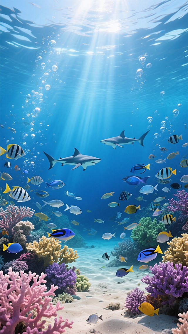 超写实水下场景背景，深邃渐变蓝色调，顶部阳光穿透水面形成强烈光束效果，光线中漂浮着细密气泡。画面中央偏上有两条鲨鱼游弋，周围环绕大量不同种类、大小各异的热带鱼群，包括条纹鱼、蓝鱼和银色小鱼。底部是五彩斑斓的珊瑚礁，有粉色、紫色、黄色和绿色的珊瑚形态，搭配海沙海底。整体光影明亮通透，水的质感清澈，充满生机与宁静氛围，适合作为背景素材使用。