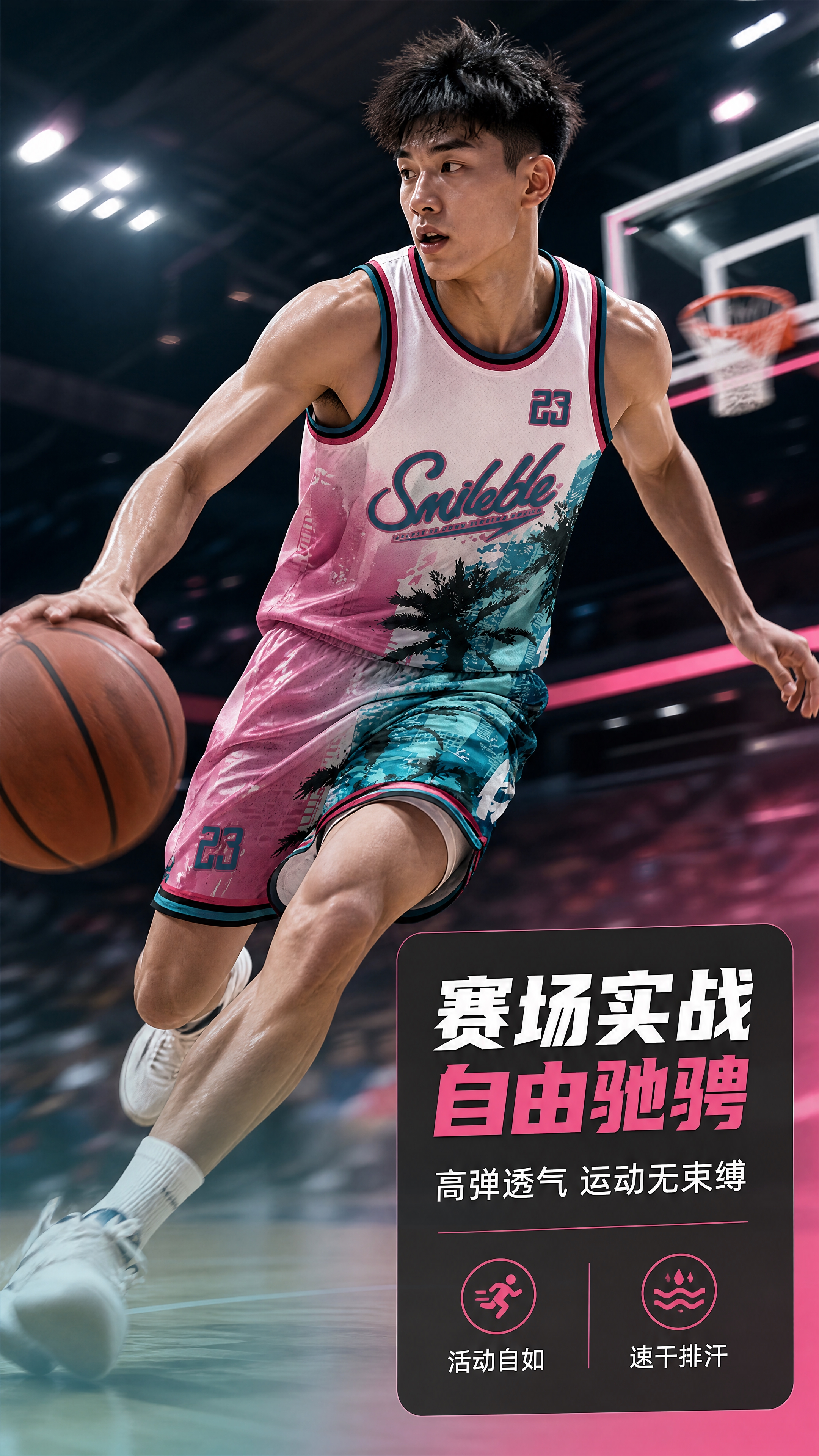 [商品] 使用【图1】粉青渐变棕榈树城市印花篮球服套装；商品处… - 图片创意预览