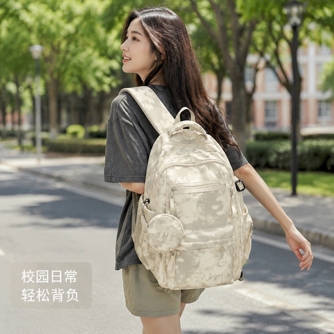 「图片1」，生成电商主图（7张），商品名称：晕染迷彩情侣款大容量双肩背包
2、核心卖点：
附赠配套零钱包，随身小物好收纳
多拉链分层结构，物品分类不杂乱
宽幅加厚肩带，背负久背不压肩
3、适用人群：在预览效果