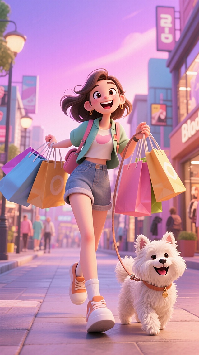 软3D风格的卡通少女与萌犬街头购物，梦幻色彩搭配温馨氛围，充满可爱感与潮流趣味，展现都市生活甜蜜日常。
