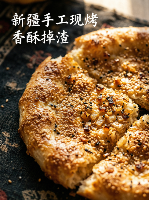 【望塞外】特调套餐细节特写，新疆民族风暗纹背景，微距特写展示古丽家烤馕表面金黄酥脆的颗粒纹理，表层油光诱人，撒满新疆芝麻和洋葱碎，自然暖阳逆光，突显酥脆质感，左上角小标题 "新疆手工现烤 香酥掉渣"，预览效果