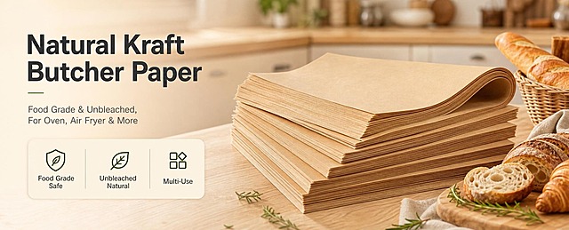 [商品] 使用【图1】原色牛皮纸平张堆叠；保留牛皮纸天然棕褐色、纸张纹理、平张叠放形态与厚度感，不改变颜色和材质；增强纸张边缘整齐度与纹理细腻度。
[画面] 目标：头图海报，建立食品级天然牛皮纸专业印象。构图：左文右图，右侧产品占画面60%，牛皮纸叠放于浅木色厨房台面上，周围散落牛角包、法棍、新鲜香草等烘焙食材做点缀；左侧留白放文案；前景台面纹理、中景产品与食材、后景虚化的厨房橱柜与暖光。阅读动线从左上标题到右侧产品。
[视觉] 套系策略：风格=跨境极简高级商业摄影；标题字=现代无衬线粗体；正文字=简洁无衬线体；主色=暖棕牛皮纸色；背景延展=基于暖棕做深浅层级、同色渐变和细腻木纹/纸质质感；强调色=深橄榄绿，仅用于小面积图标、引线和标签；标题色=深炭灰；正文色=中暖灰；组件=圆角浅底信息卡、细线引线；光影=左前侧暖柔光，自然厨房窗光。
[文字] 左上主标题"Natural Kraft Butcher Paper"，副标题"Food Grade & Unbleached, For Oven, Air Fryer & More"，下方3个短卖点图标+文字：Food Grade Safe / Unbleached Natural / Multi-Use。文字不遮挡纸张主体。
[规格] 图片比例61:25横版，4K，英文文案，避免变形、错字、文字过小、冷蓝/蓝灰背景、纸张颜色改变、材质失真。