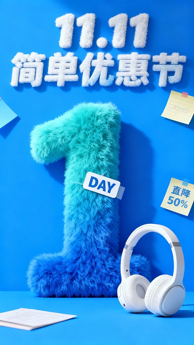 主视觉为一个蓝绿色渐变毛绒材质的“1” ，“DAY”标签位于数字“1”上，商品位于画面右下角，背景是高饱和蓝色结合便签纸元素，画面上方为毛绒主标题“11.11 简单优惠节”，“直降50%”便利贴装饰。