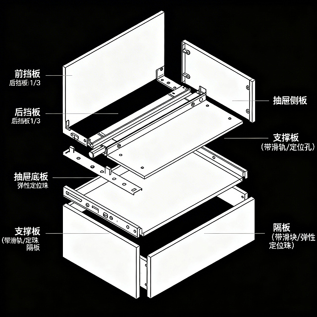 抽屉的分解结构示意图，包含前挡板、后挡板、抽屉底板、抽屉侧板，前挡板高度为后挡板的1/3，还有带滑轨和定位孔的支撑板，带滑块和弹性定位珠的隔板，工业设计风格，线条清晰，标注各部件