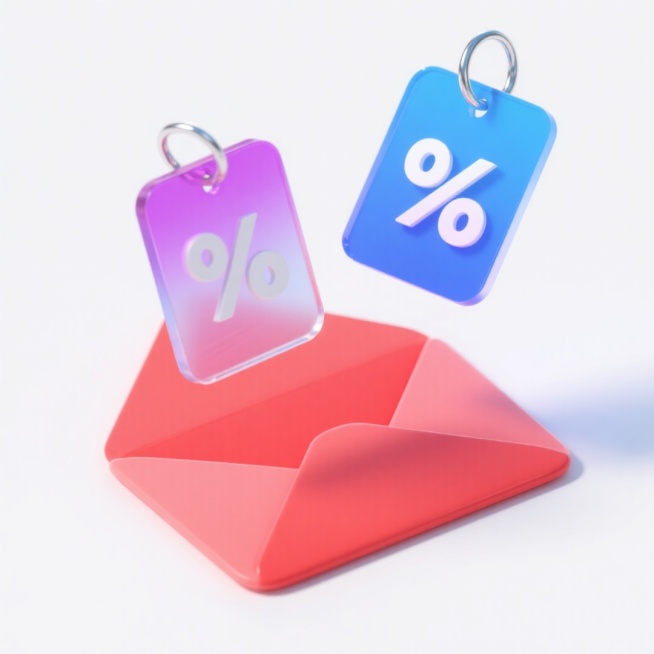 白色背景下，下方是一个打开红色的信封，上方主体是两张悬浮的透明标签，文字“%” ，银色金属环；前景标签为粉紫渐变，背景标签为蓝色预览效果