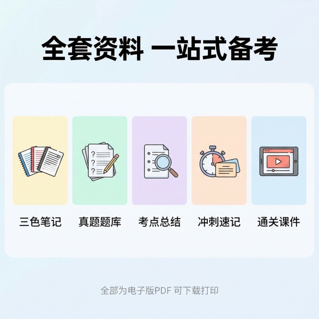 [主图主题] 资料包含内容全家福展示
[氛围/风格] 清晰直观，全面展示，专业整洁
[画面元素] 将所有资料模块整齐排列展示：三色笔记、真题题库、考点总结、冲刺速记、通关课件五个模块依次排列，每个模块预览效果
