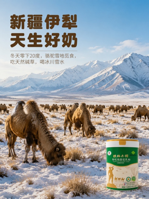 [第2屏] 新疆伊犁原产地展示屏-丝路兵团有机纯骆驼乳粉奶源地介绍。本屏使用【图1】作为产品辅助展示。
[氛围/风格] 自然纪实风格，真实产地风光，大气开阔，原生态质感
[元素布局] 画面上三分之二展预览效果