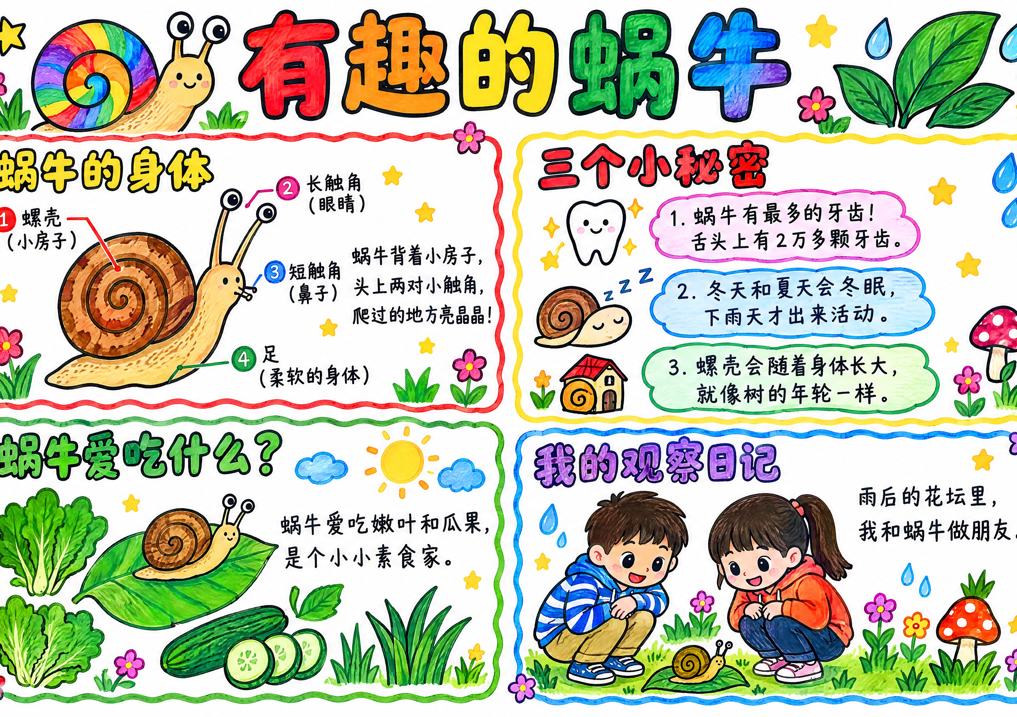 A4横向手抄报，比例297:210，纯白色纸张背景，真实小学生… - 图片创意预览