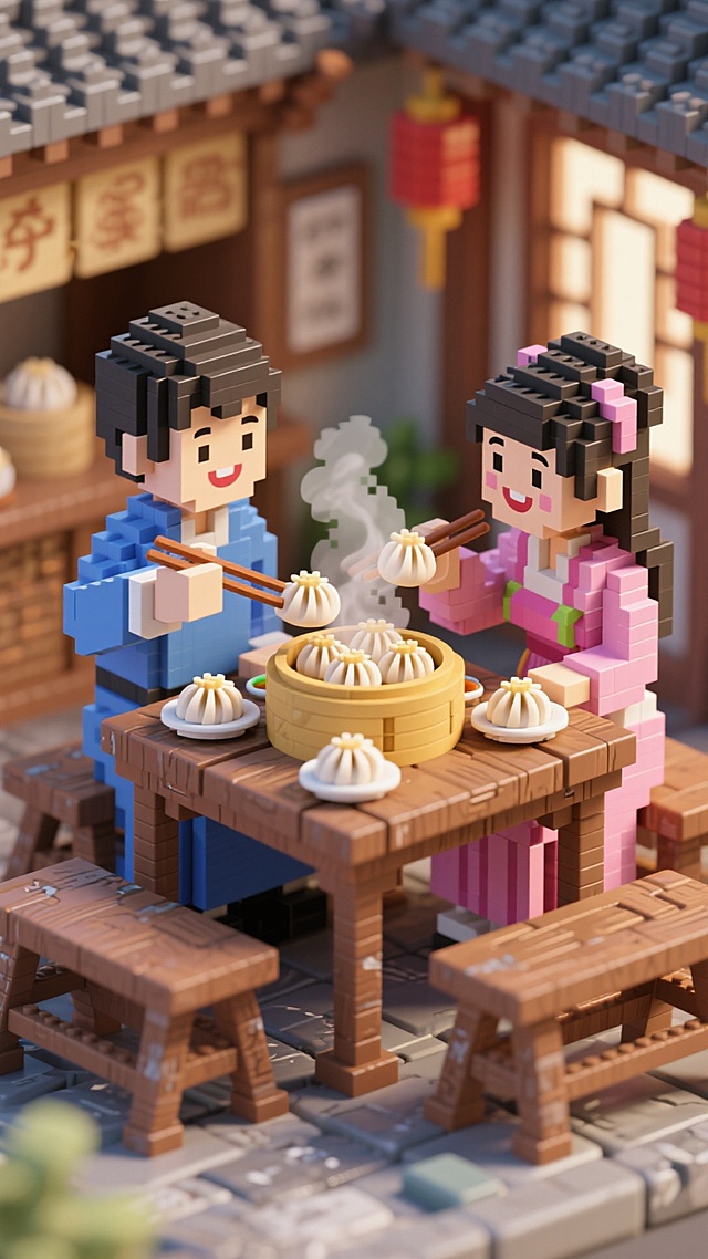 背景是古代包子铺，一对情侣在饭桌上吃着小笼包