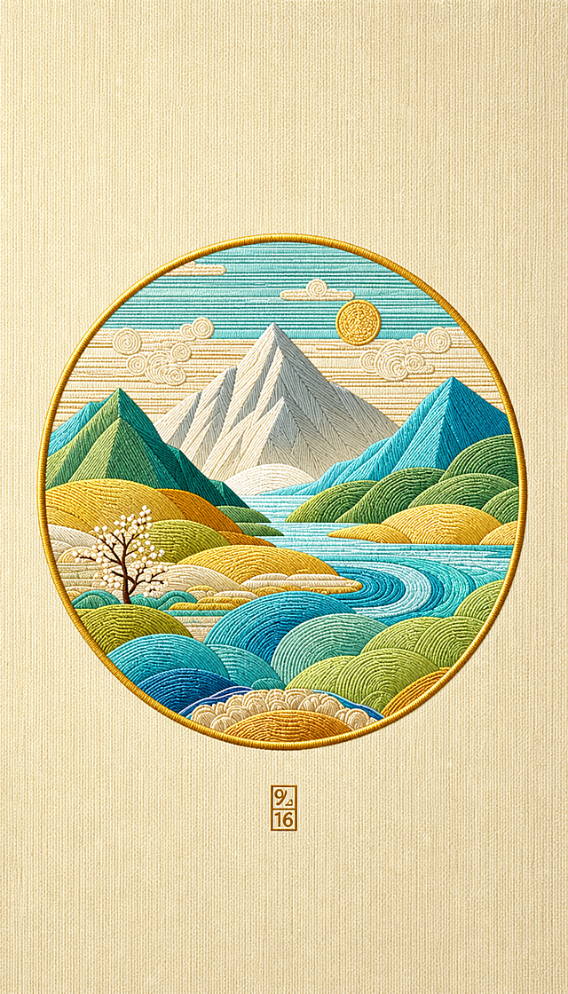 刺绣风格圆形风景图，米色纹理背景，金色圆形画框，山川河流，色彩清新明快，日式简约风格，刺绣纹理质感