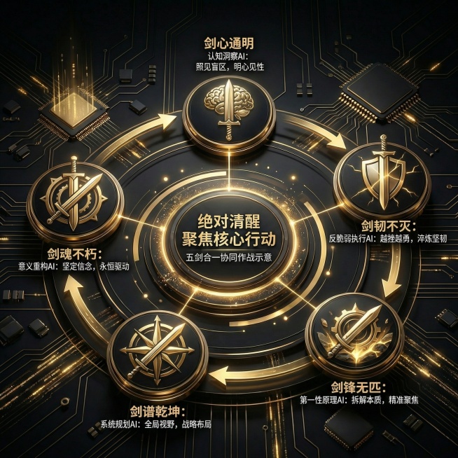 参考图1的黑金科技风格，生成1:1尺寸的五境递进闭环详情图，画面以环形递进的方式呈现剑心通明、剑韧不灭、剑锋无匹、剑谱乾坤、剑魂不朽的闭环逻辑，搭配五大AI智能体协同作战的示意，突出五剑合一后的绝对清预览效果