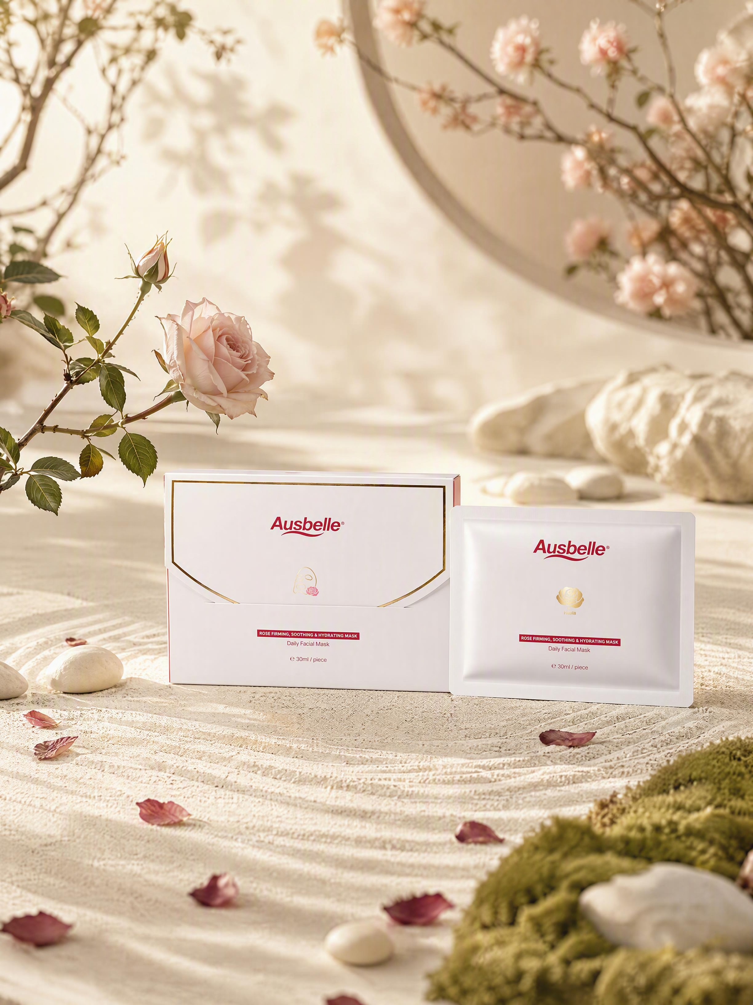 高端美妆护肤品宣传大片。 主体：Ausbelle玫瑰面膜（含信… - 图片创意预览