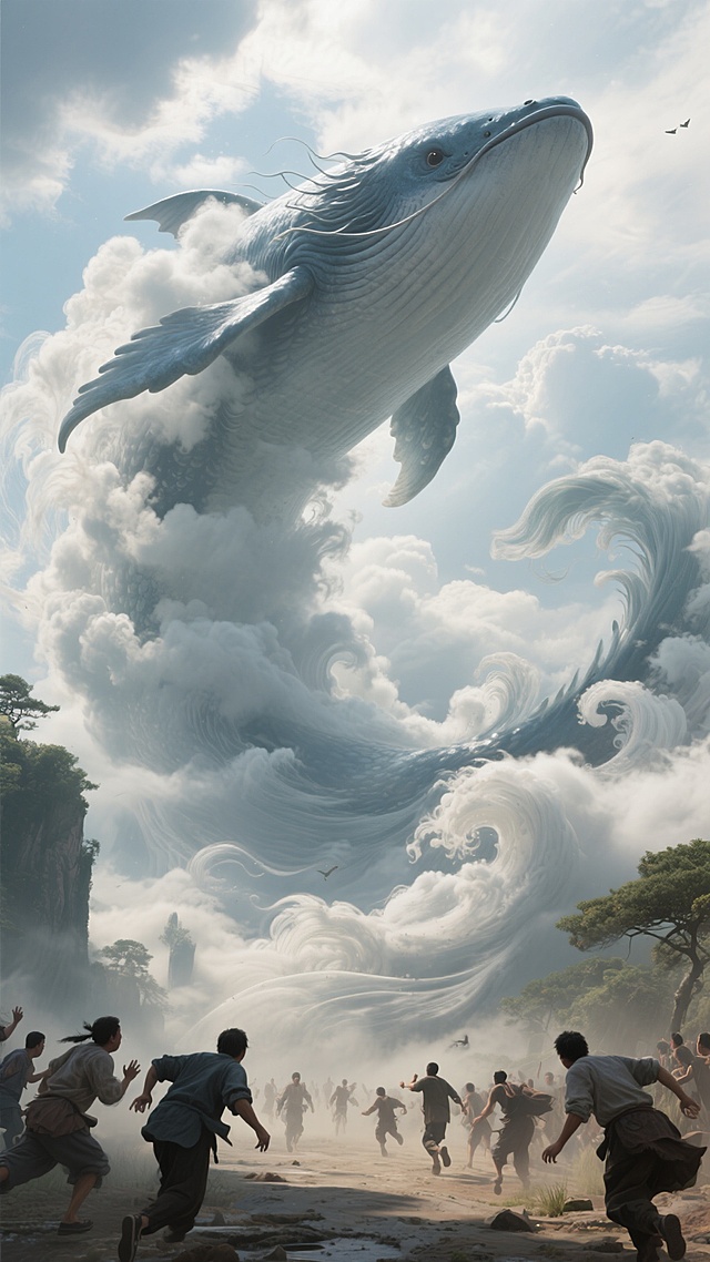 梦幻插画风，超现实主义巨鲸腾空，云浪交织，人群奔逃，场景奇幻。