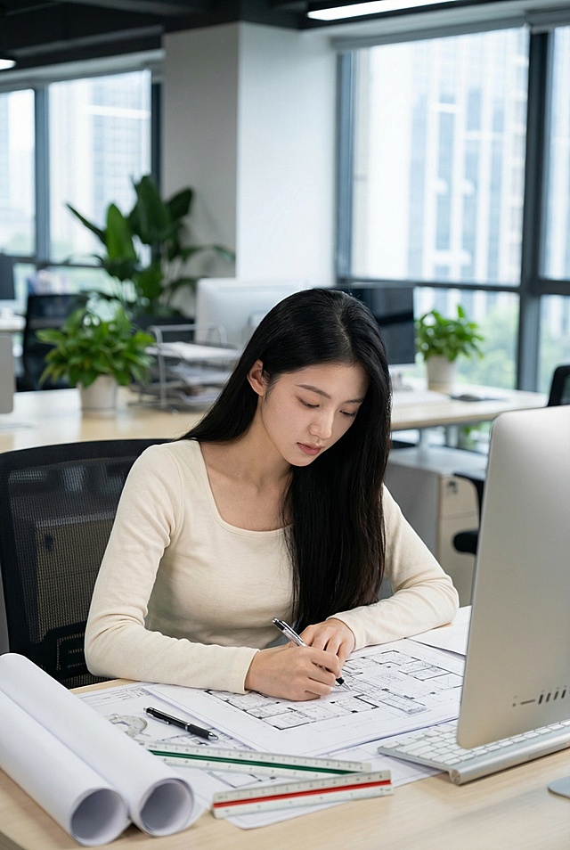 模特是室内设计师，穿着不变，在办公室半低头认真地画设计图，背景无旁人