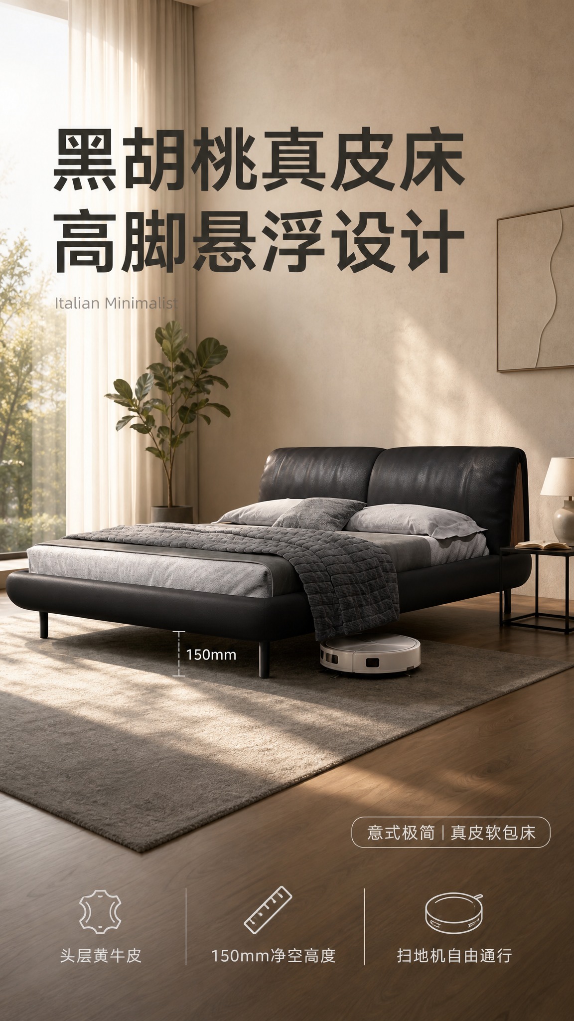 [单张主图] 意式极简黑色真皮软包双人床电商主图，高级氛围感路… - 图片创意预览