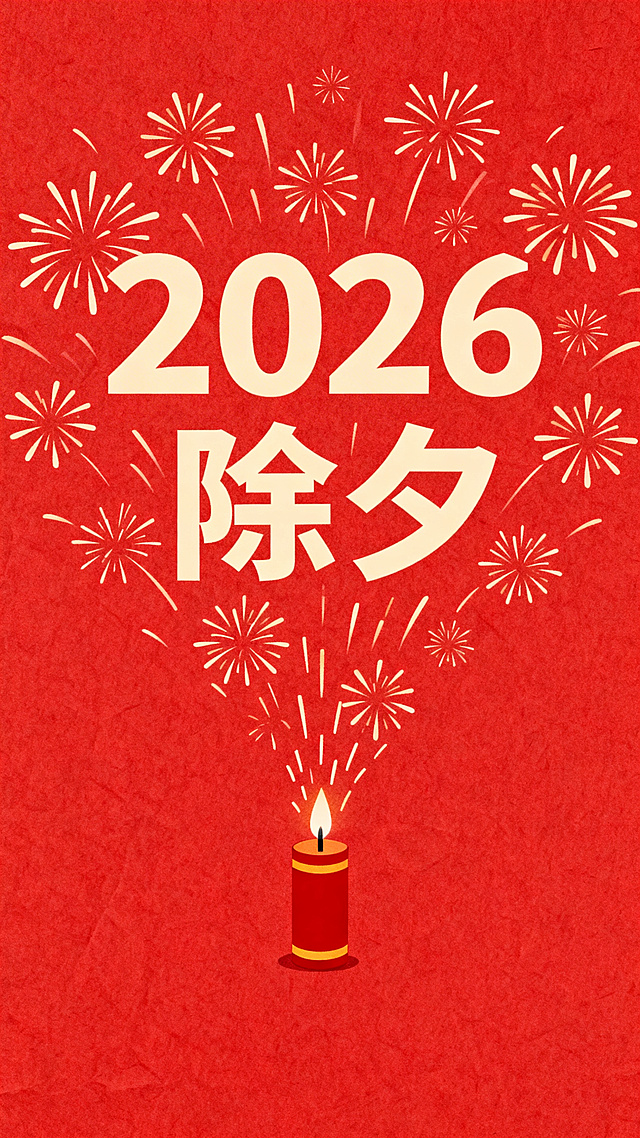 红色背景搭配扁平风设计，大字“2026除夕”居中突出，上方烟花绽放，下方点燃的灯笼式蜡烛喷射出烟花，营造喜庆氛围，印刷质感强化节日视觉。