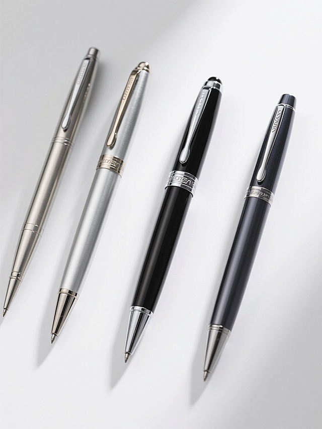 高写实产品摄影风格，四支不同样式、不同风格、不同配色的钢笔，排列整齐，白色纯背景。每支钢笔具有高度细节的金属光泽与质感，清晰的品牌标志，精准的光影投射，锐利的边缘轮廓，平滑的渐变过渡，专业的商业产品展示构图，确保每支钢笔的独特设计、配色和风格都得到充分展现，整体画面干净简洁，突出钢笔主体。