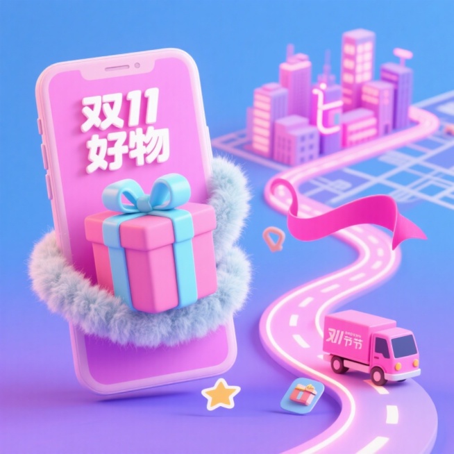 软蓝色和紫色渐变背景，左边是一部逼真的智能手机，屏幕上显示一个打开粉红色的礼盒，上面装饰着一条光滑的浅蓝色大丝带和蝴蝶结，还有中文文字“双11好物”用白色，俏皮的字体。在右边，描绘了一条发光的粉红色霓预览效果