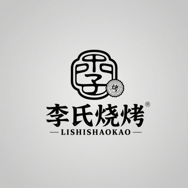 扁平化，白底，背景干净餐饮logo设计，创意字体设计，篆书复古复刻文字 “李氏烧烤”，古朴的仿篆书风格，文字排版艺术，结合复古图章、徽章排版形式，艺术构图，精致小巧的字符“LISHISHAOKAO”在预览效果