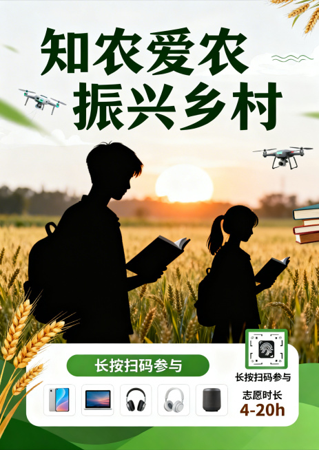 主题为“知农爱农 振兴乡村”大学生知识竞赛的宣传海报，风格青春积极阳光，现代乡村田野风，主色调为生态绿、大地黄、纯净白。背景是虚化的麦田风光搭配朝阳，前景是拿着书本在田野间的大学生剪影，装饰元素有麦穗预览效果