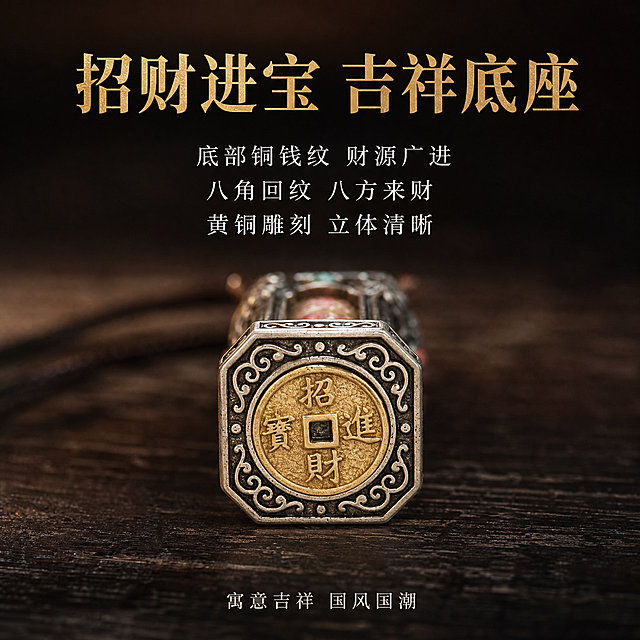 淘宝天猫电商主图，1:1正方形，中式深色简约高级风格，真实摄影质感。深棕色木质纹理背景，暖黄色柔光从顶部漫射，产品放置在深色实木台面上。画面主体为五路财神符吊坠底部朝上，清晰展示八角形底座铜钱纹，回纹卷草纹雕刻精细，双色金属对比明显。画面上方金色大字标题："招财进宝 吉祥底座"，下方三行白色小字卖点："底部铜钱纹 财源广进"、"八角回纹 八方来财"、"黄铜雕刻 立体清晰"，底部再加一行小字："寓意吉祥 国风国潮"。整体极简高级，真实静物摄影，卖点丰富，不出现包装盒和送礼元素。