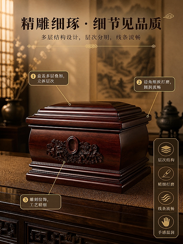 [商品] 使用【图4】富贵堂阔叶黄檀实木骨灰盒45°雕刻细节图；保留多层盒盖层次、正面雕刻纹饰、弧形侧面、底座分层结构、深棕红漆面；商品处理：增强边角打磨的圆润感与盒盖层次的立体感，提升漆面温润光泽，保持产品结构与颜色不变。
[画面] 目标：展示精雕细琢的工艺细节与品质感。构图：产品45°斜放于画面中心偏下，占画面约60%，上方与右侧分布文案与细节标注。场景：中式书房暖光环境，背景虚化的山水卷轴与花窗，产品置于深色案几麻布垫上，暖光侧照突出层次与边角圆润感。用引线标注盒盖层次、边角打磨、雕刻细节三处工艺点。
[视觉] 套系策略：风格=东方禅意新中式商业摄影；标题字=宋体/衬线粗体；正文字=简洁宋体；主色=深棕红木色；背景延展=基于深棕红做暖灰、米棕、深木色层级，同色系渐变与宣纸/木纹质感；强调色=暗金色，仅用于小面积图标、引线、装饰线条和标题点缀；标题色=深棕近黑；正文色=暖棕灰；组件=细线引线、圆角暗金边框信息卡、传统纹样分隔线、数字标注点；光影=左前侧暖柔光，侧逆光勾勒轮廓，层次缝隙间有自然阴影，整体暖棕色调。
[文字] 上方主标题：精雕细琢 · 细节见品质；副标题：多层结构设计，层次分明，线条流畅；3处引线标注：①盒盖多层叠加，立体层次 ②边角细致打磨，圆润流畅 ③雕刻纹饰，工艺精细。右侧配4个关键词：✓ 层次结构 ✓ 精细打磨 ✓ 线条流畅 ✓ 手感温润。
[规格] 图片比例3:4竖版，4K分辨率，quality=medium。避免变形、错字、文字过小、冷蓝/冷灰背景、边角生硬、层次模糊。