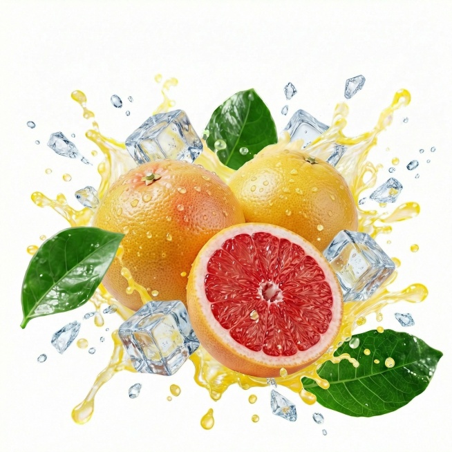 水果和果汁周围陪衬些冰块、飞溅的冰块，冰块参考图片2的冰块，冰块不要太多，果汁颜色不变，纯白色背景悬空，图像完整高清晰大图预览效果