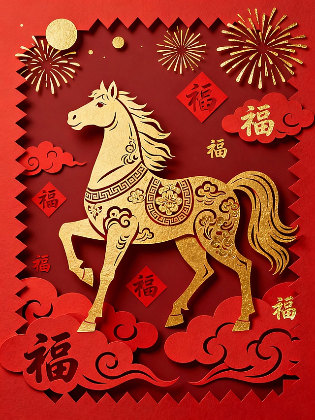 红金双色剪纸风，鎏金马踏祥云，福字环绕，国潮浮雕感十足，喜庆中式年味浓。