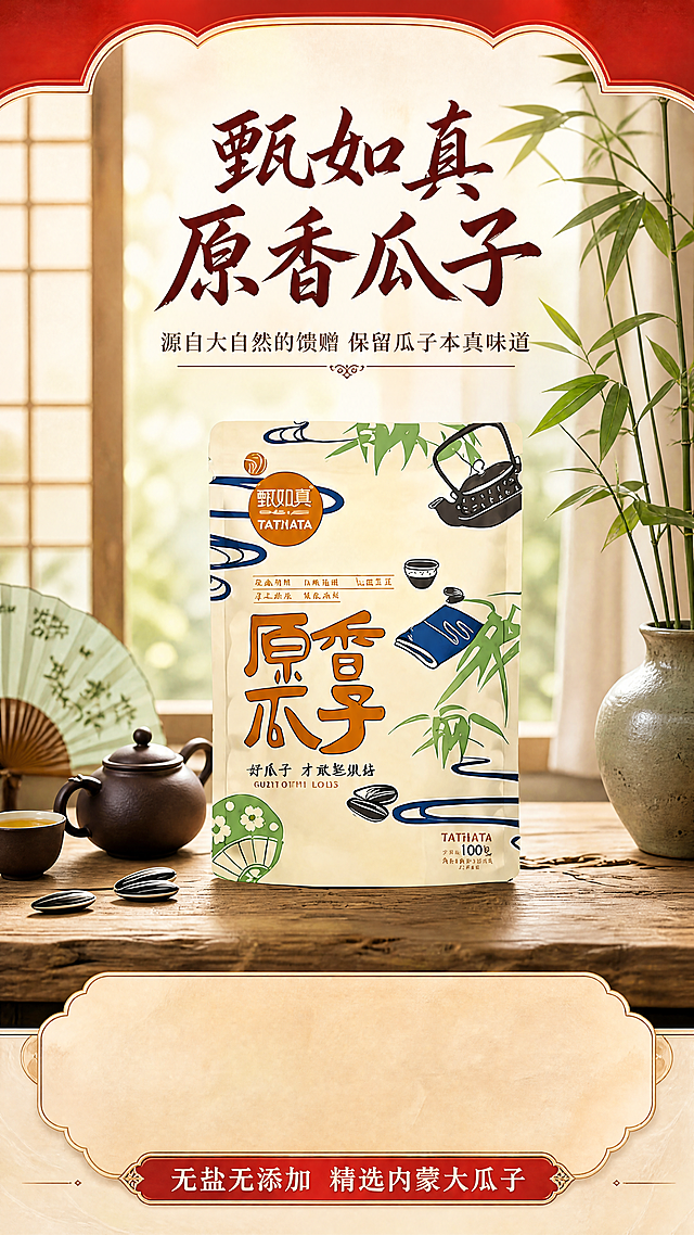 [第1屏] 甄如真原香瓜子电商详情页头图，主打原香原味无添加卖点。本屏使用【图1】作为商品主体，保留包装文字、图案、颜色和整体结构完全一致。[氛围/风格] 新中式自然质朴风格，柔和自然光，浓郁食欲感，商业食品摄影质感。[元素布局] 商品包装袋放置在画面中下部，占据约65%画面主体比例，包装左侧搭配紫砂茶壶和茶杯，右侧点缀青竹插瓶，背景为透窗的自然木纹桌面，整体干净有层次感，保留商品包装结构与输入图完全一致，不得改变文字和图案。[光影质感] 上方柔和主光均匀打亮商品，在桌面形成自然浅阴影，包装纹理清晰可见，整体通透真实。[配色色系] 全局底色#F7F1E3（米原木色）；主体配色：包装米白底+棕红文字+蓝绿装饰；辅助色：紫砂深褐+竹叶绿+木色浅黄。[视角构图] 正面平视视角，景深适中，商品位于视觉中心，标题在顶部，商品主体占据中下区域，底部预留卖点信息区域。[文字版式] 顶部红底弧形装饰框，主标题「甄如真原香瓜子」使用棕红色书法字体，副标题「源自大自然的馈赠 保留瓜子本真味道」小号深棕色宋体。底部红底信息条展示核心卖点「无盐无添加 精选内蒙大瓜子」白色字体，整体字形为书法标题+宋体正文，字色仅使用棕红和深褐两种，纯色填充无额外效果。本页比例9:16，4K分辨率，文字清晰可读。[负向提示词] 包装变形，文字错乱，颜色偏差，产品结构错误，水印，背景杂乱，食品不新鲜