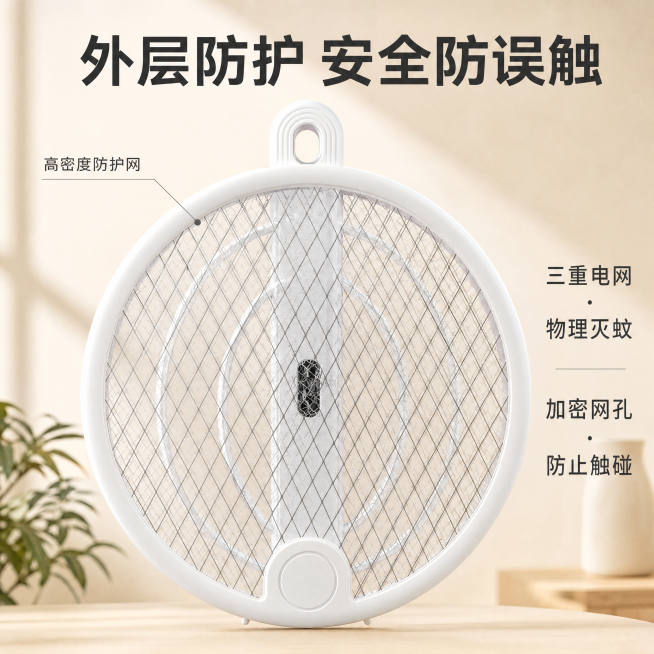 [主图-2] 可折叠电蚊拍核心卖点展示。
[氛围风格] 家居治愈风，干净简约；
[画质] 商业摄影质感、光线柔和通透、产品清晰真实、画面干净高级。
[元素] 可折叠电蚊拍居中展示，特写外层防护网结构，预览效果