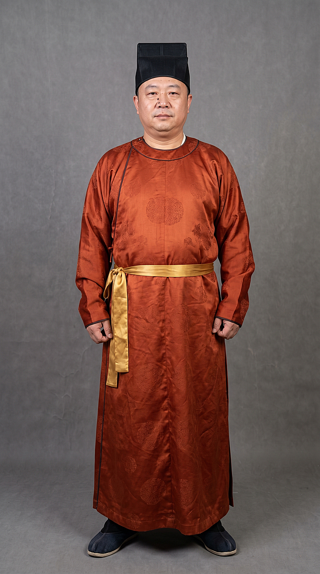 古装剧人物全身照，正视图，灰色背景现实风格，纹理细腻，全身站立，严格6:8头身比例，体态匀称，腿部修长，东方人体比例，精准稳定。五十岁东方男性，圆脸双下巴，小眼睛，鼻侧有小黑痣，身穿赭红色绸缎员外袍，腰系金丝带，头戴方形员外帽，两腿略分开，稳当站立