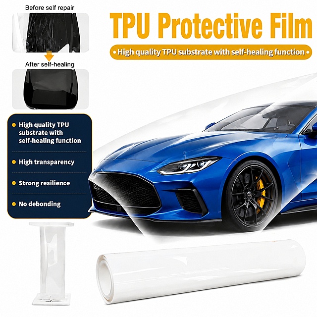 [主图-1] TPU Protective Film Paint Protection Film首图，整合产品展示与卖点文字，专业合规亚马逊跨境主图。[氛围风格] 简洁专业，功能化客观中立，符合亚马逊平台规范。[画质] 商业摄影质感，光线柔和通透，产品清晰真实，文字清晰可读，画面干净高级。[元素] TPU保护膜卷材成品和自修复对比展示位于画面中下部，完整保留蓝色汽车展示半透明覆盖效果，产品主体占比85%，左上角保留"Before self repair"和"After self-healing"文字对比图，右上角放置卖点标题"TPU Protective Film", 卖点文字放置在左侧深色背景区域，保持TPU保护膜产品外观、颜色、结构与输入产品图完全一致，杜绝任何变形和色差，精细化处理。所有文字全部使用英文，保留原图卖点内容："TPU Protective Film High quality TPU substrate with self-healing function High transparency Strong resilience No debonding", 文字全部清晰可读，无中文，无遮挡主体。背景为纯白色#FFFFFF，严格遵循亚马逊主图规范。[光影] 专业商业棚拍布光，顶光均匀柔光，底光去影消除多余阴影，轮廓光突出产品边缘层次，高光清晰表现TPU高透质感，背景纯白干净，无多余杂物。[配色] 主背景纯白色，产品米白色主体，卖点文字区域使用深蓝色深色背景配黄色白色文字，与原图配色保持一致，对比强烈文字清晰。[视角构图] 平视视角，主体完整居中，构图均衡，产品不裁切不贴边，四周留白15%。[文字版式] 右上放置大标题"TPU Protective Film"，黄色粗体大字；左侧竖向排列卖点，每个卖点配黄色圆点，文字为白色，背景深色块，从上到下依次： High quality TPU substrate with self-healing function， High transparency， Strong resilience， No debonding，文字层级分明，大标题字号最大，卖点文字清晰适中，文字与背景对比强烈，全部可读无遮挡。[输出要求] 1:1 比例，文字清晰可辨，超高清商业摄影质感。[负向提示词] 变形，文字错乱，产品图模糊，背景杂乱，水印，电商平台Logo，中文内容，多余中文，遮挡主体，错误文字