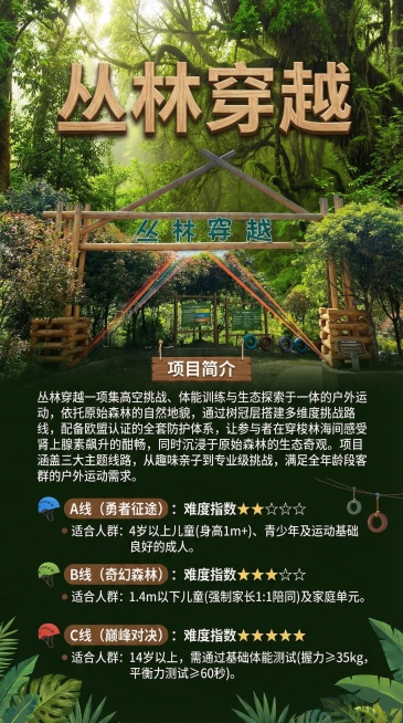 丛林穿越户外探险项目介绍竖版海报，背景为茂密原始森林，充满绿色自然森林探险元素，整体主色调为绿色。上方写标题"丛林穿越"，下方是项目简介：丛林穿越一项集高空挑战、体能训练与生态探索于一体的户外运动，依预览效果