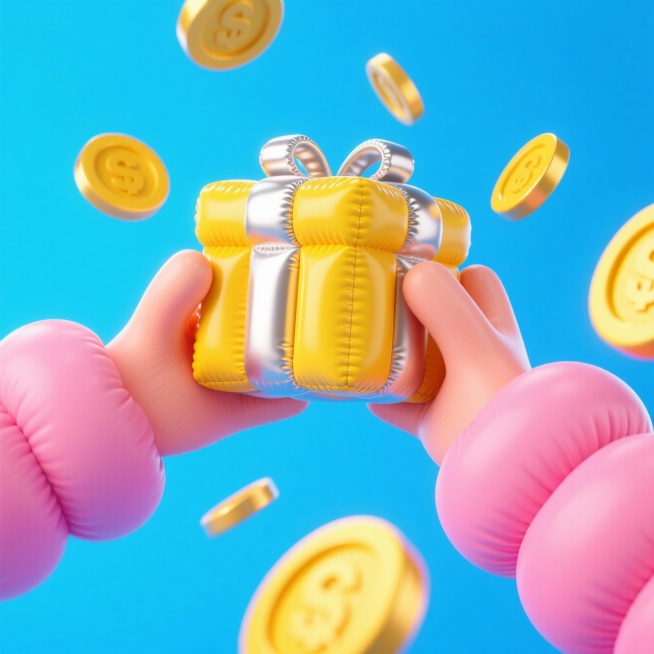 两只手捧着一个礼盒，周围飘着金币，蓝色背景预览效果