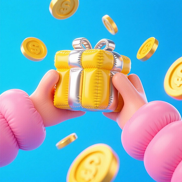 软3D风格的可爱卡通画面，充气感的手捧黄色礼盒，金色钱币飞舞，梦幻又童趣，适合节日促销主题。