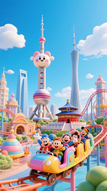 3D风格海报，以上海东方明珠塔作为卡通元素，画面中是游乐园的建筑，过山车穿插其中，角色坐在过山车上，表情兴奋，游览这景色，蓝色白云背景，穿插着不同的地标建筑，像广州塔，北京天坛预览效果