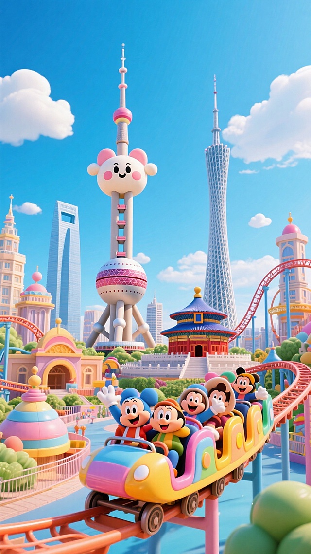 3D风格海报，以上海东方明珠塔作为卡通元素，画面中是游乐园的建筑，过山车穿插其中，角色坐在过山车上，表情兴奋，游览这景色，蓝色白云背景，穿插着不同的地标建筑，像广州塔，北京天坛