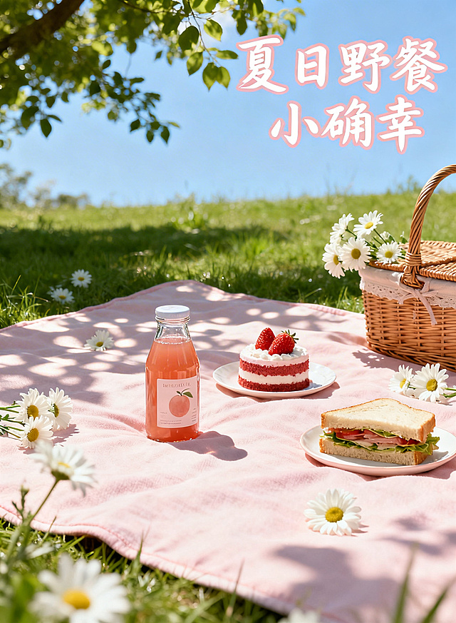夏日野餐场景，清新柔美，水彩风与轻拟物结合，粉色布艺与自然元素交织，营造甜蜜舒适氛围，杂志风构图传递温柔惬意的季节小确幸。