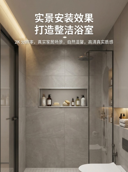 [详情图 15 买家秀效果展示] 实景安装买家秀效果
[氛围风格] 真实家居场景，自然温馨，高清真实质感
[画面元素] 整体卫生间实景展示，壁龛安装在淋浴区墙面，真实装修效果，搭配现代轻奢卫生间装修，预览效果