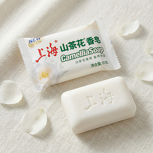 香皂和外包装组合场景俯拍图，商业摄影质感，光线柔和通透，产品清晰真实，香皂拆开放置在包装前方，放在米白色棉麻桌布上，散落几片山茶花花瓣，柔和自然光，整体呈现干净清新的生活感，保持产品原有外观颜色，1:1比例，2K分辨率，超高清，负向提示词：变形，水印，文字错乱，产品模糊，背景杂乱