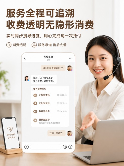 图 1 主打：暖心陪伴 + 情感服务（主打情感特色，击中用户情绪）
主标题：心系毛孩子 温暖守护每一份牵挂
副标题：全程贴心跟进，陪您等候爱宠归来 
配图建议：温馨人宠合影 / 工作人员安抚宠主画面预览效果