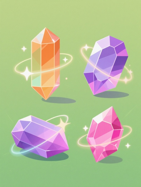 纯色背景，保持原有的卡通风格和明亮氛围，将整体色彩统一变换为[在此处插入新的主色调，例如：温暖橙色系/清新绿色系/神秘紫色系/活力粉色系]，保留两颗棱角分明、带有多面切割和高光反射的宝石核心元素及其晶莹剔透的质感，以及周围飘逸的弧形光带和闪烁的星形光点细节。生成一个系列集合，包含四颗宝石，每颗宝石具有完全不同的造型和观察角度（例如：一颗直立的长柱形宝石、一颗倾斜的多面体宝石、一颗平躺的阶梯状宝……预览效果