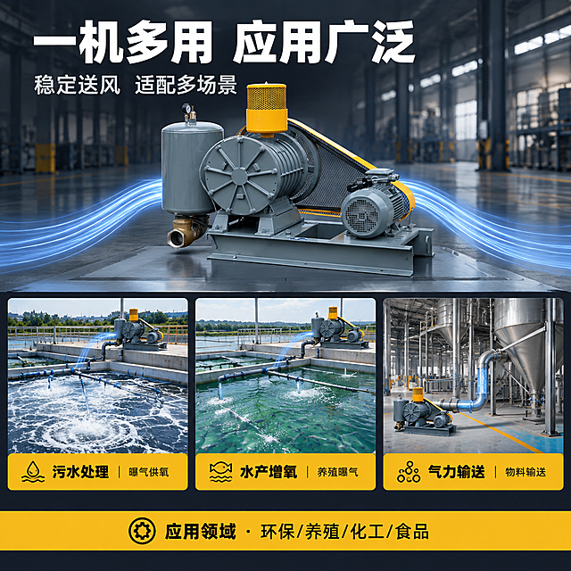 [主图-4] 罗茨鼓风机 应用场景图，目标回答“能用在哪”，展示多行业适用。
[统一基调] 工业科技风；标题字=粗黑体无衬线；正文=简洁无衬线体；主色=#1A1D23深灰黑；背景延展=深灰渐变背景+3个场景分格；强调色=#FFB800工业黄；标题色=#FFFFFF白色；正文色=#E0E0E0浅灰；组件=黄色场景标签条、深色信息条；光影=产品均匀照明，场景格内自然光。
[画面] 上部主画面展示罗茨鼓风机整机（占画面约45%），严格保持输入产品图【图1】外观不变，置于工业车间地面平台；下部3宫格场景小图：左格=污水处理厂曝气池（罗茨风机为曝气系统供气），中格=水产养殖增氧池（风机管路通向养殖池曝气），右格=工厂气力输送管道系统（风机连接输送管线）；每格配黄色标签条；整体深灰工业科技背景，蓝白色气流光效从产品管路延伸向场景。
[文字版式] 顶部主标题「一机多用 应用广泛」白色粗体大字；副标题「稳定送风 适配多场景」浅灰小字；3个场景标签：「污水处理」曝气供氧、「水产增氧」养殖曝气、「气力输送」物料输送；底部通栏黄色信息条「应用领域 · 环保/养殖/化工/食品」黑字；所有文字横排清晰。
[输出要求] 1:1比例，2K分辨率，产品清晰，文字清晰；负向：产品变形、缺件错件、颜色偏差、机器外观改变、水印、文字错乱、背景杂乱、结构错误、电商平台Logo、绝对化用语。