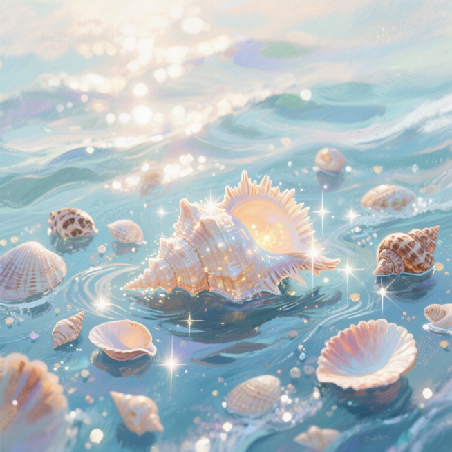 手绘风格的海洋主题插画，画面由流动的海洋纹路构成背景，各种小巧的海螺和贝壳随机布满画面，海螺和贝壳的种类多样，尺寸适中，整体画面极具光感氛围，色彩明亮梦幻，带有发光效果预览效果