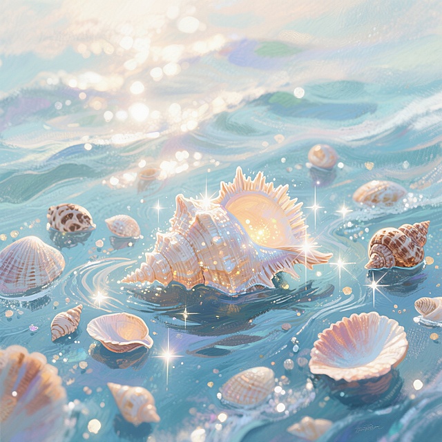 梦幻感水彩插画风，贝壳漂浮于清透海面，粒子光斑闪烁，轻拟物设计营造唯美柔和氛围，宛如夏日海边童话。
