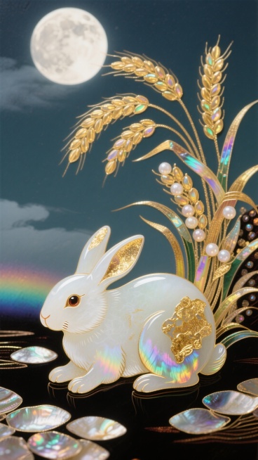 画面主体是一块温润无瑕的和田玉籽料，通过俏色巧雕工艺，工匠巧妙利用玉石天然的皮色。洁白的玉肉被雕成一只匍匐回望、灵动可爱的玉兔；金色的玉皮则被雕成环绕玉兔的、沉甸甸的稻穗与麦穗，象征着五谷丰登。背景是预览效果